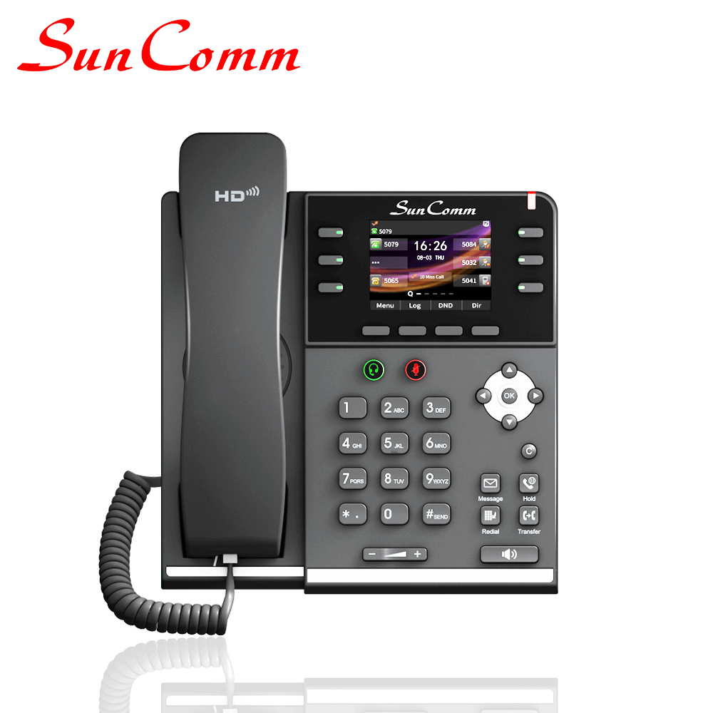 Telefone VoIP SunComm SC-3086-PE com 6 linhas SIP, duas portas Gigabit, PoE, voz HD 2,8 visor colorido